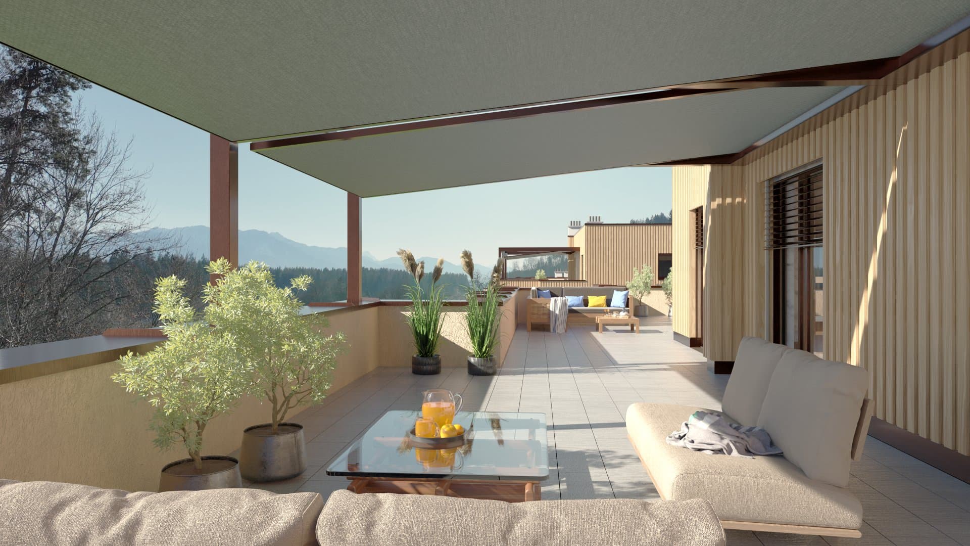 Moderne Dachterrasse mit Lounge-Möbeln, Sonnensegel, Holzverkleidung und weitem Blick auf die Berglandschaft.